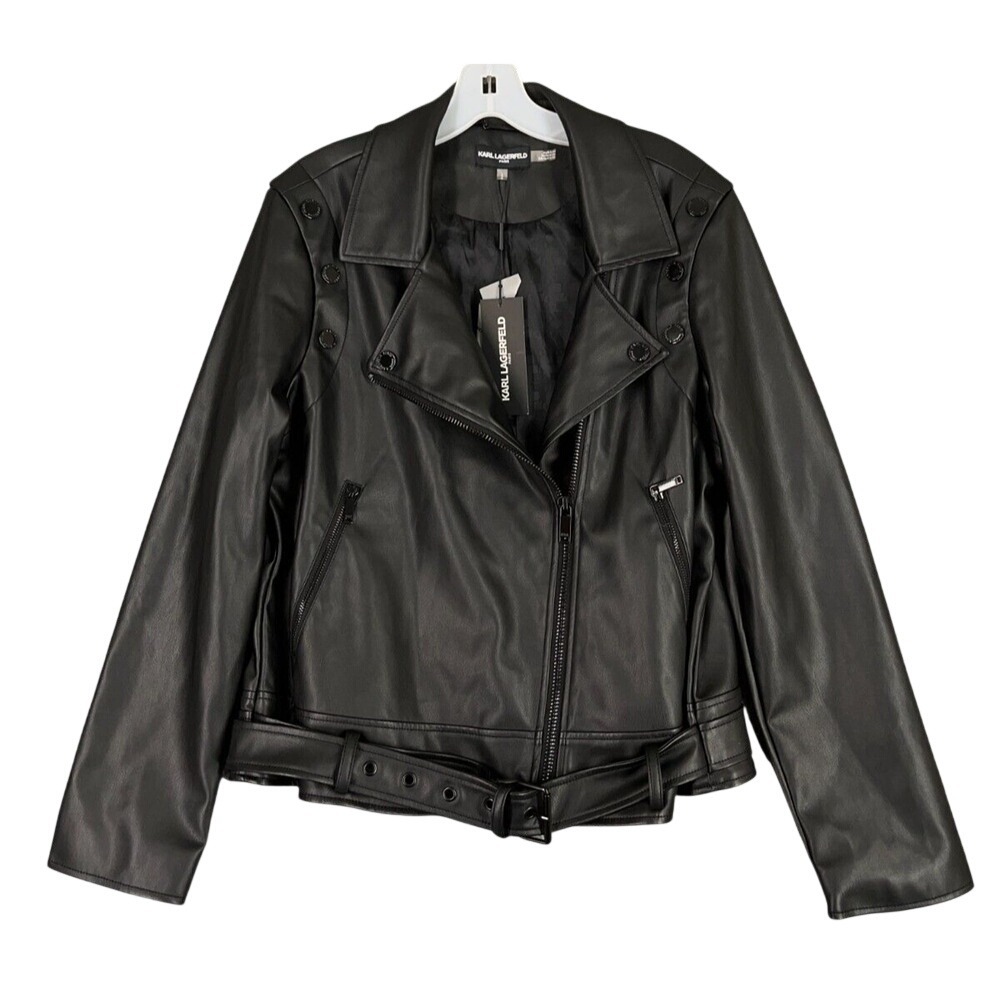 Karl Lagerfeld Moto Jacket Women L Belted Biker Zip Runway Designer Statement